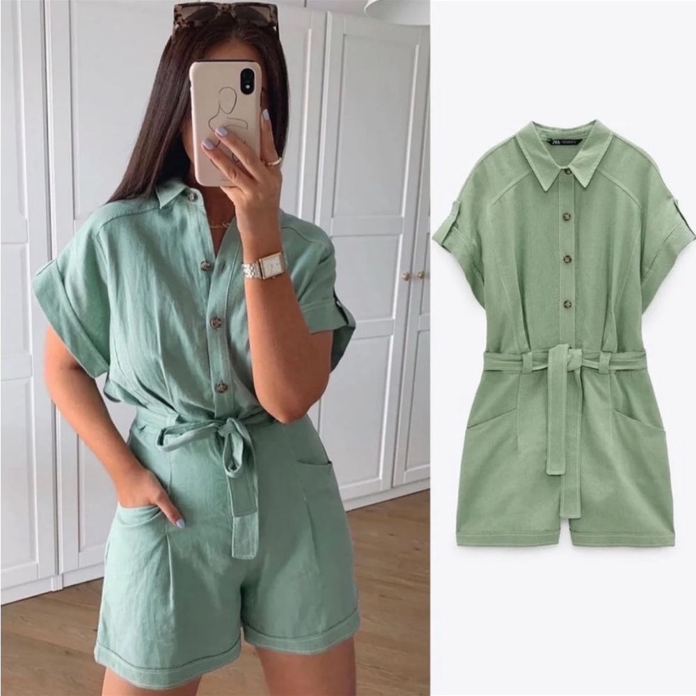 Zara Linen TOPSTITCHED Short JUMPSUIT Romper w/ Belt Green Size XS NEW - Picture 1 of 8